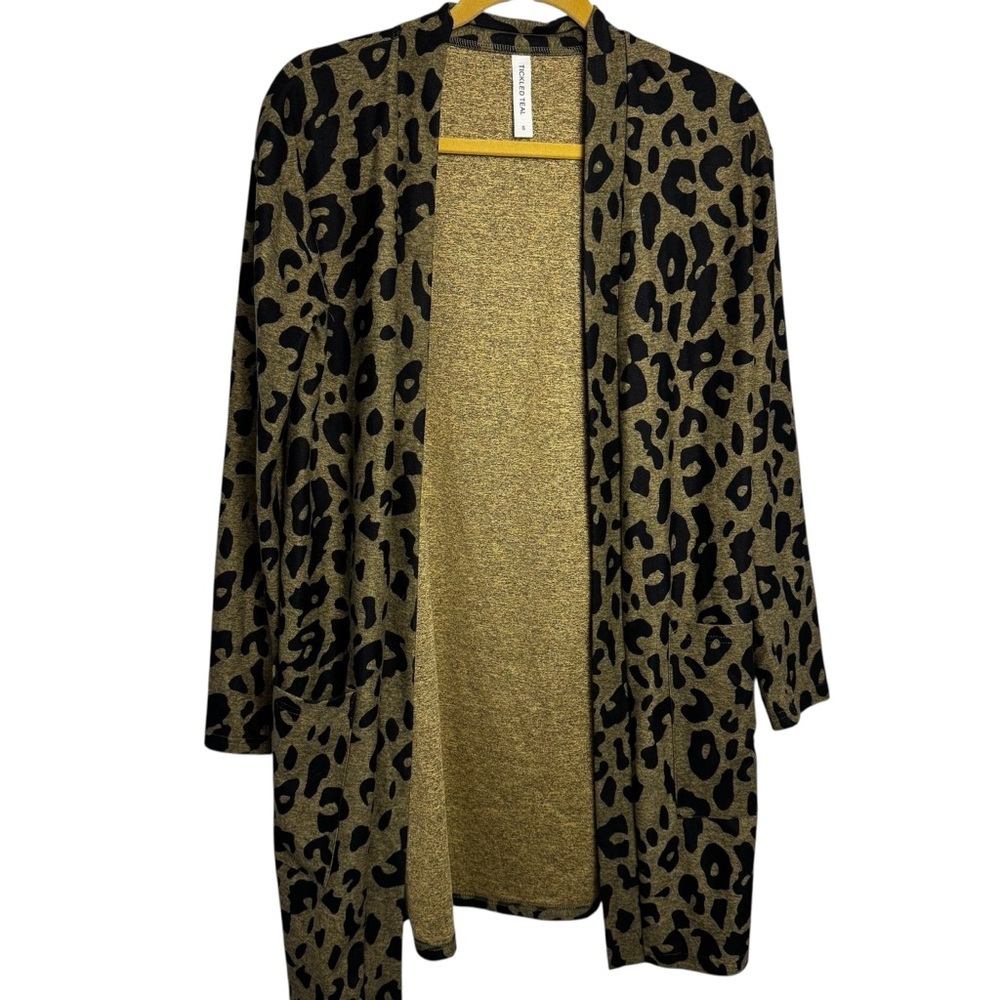 Tickled teal open front leopard print mobwife cardigan Small chic gothic